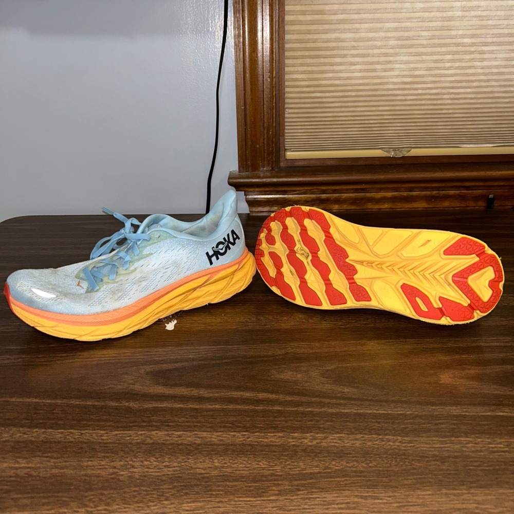 Hoka Clifton 8 Running Shoes Wide Womens 10D Blue Orange Yellow 1121375 SSIP